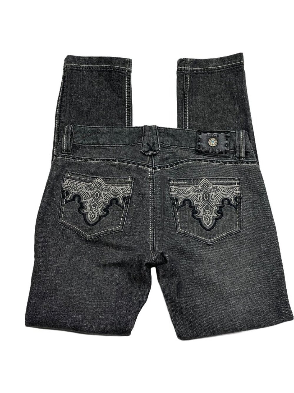 Antik Denim Womens Gray Straight-Leg Jeans Size 28 With Embroidered Back Pockets